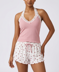 Romantic Lace Nightwear Set – Soft Ribbed Camisole & Floral Shorts for Women