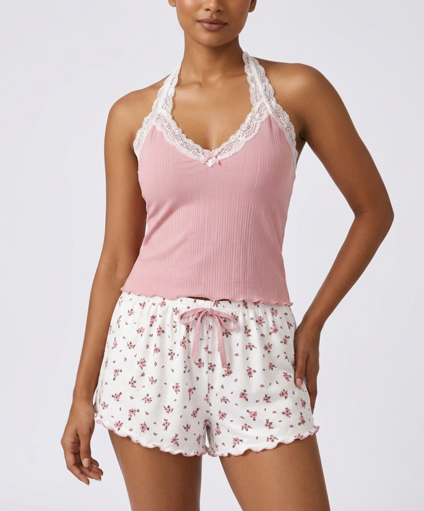 Romantic Lace Nightwear Set – Soft Ribbed Camisole & Floral Shorts for Women