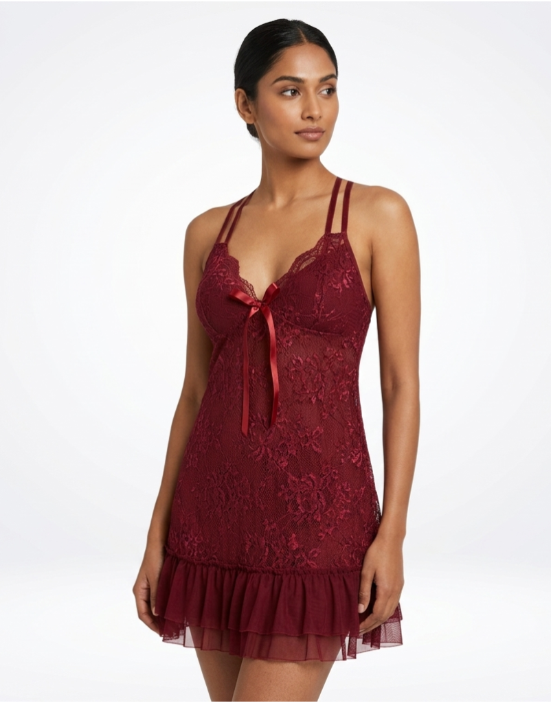 Mehroon Lace Babydoll Nightwear - Sheer Floral Lace, Back Crisscross Straps, Soft and Romantic Lingerie |Posheeda Libaas