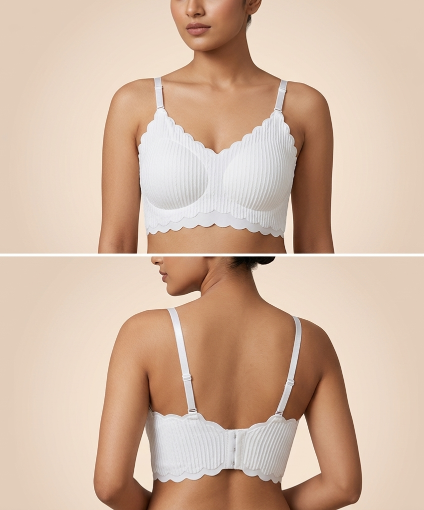 Women's Seamless Scalloped Ribbed Bralette – Wireless Comfort Bra with Removable Cups