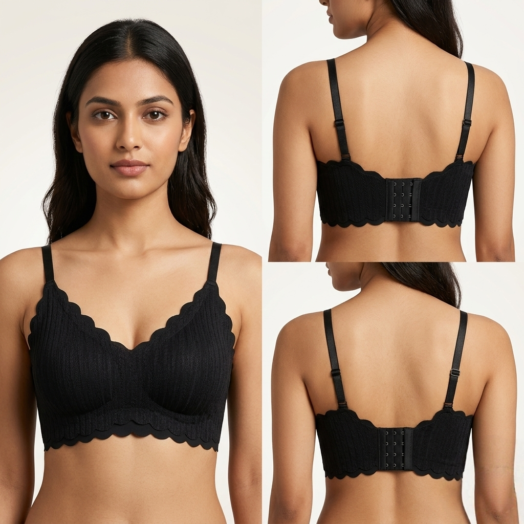 Women's Seamless Scalloped Ribbed Bralette – Wireless Comfort Bra with Removable Cups