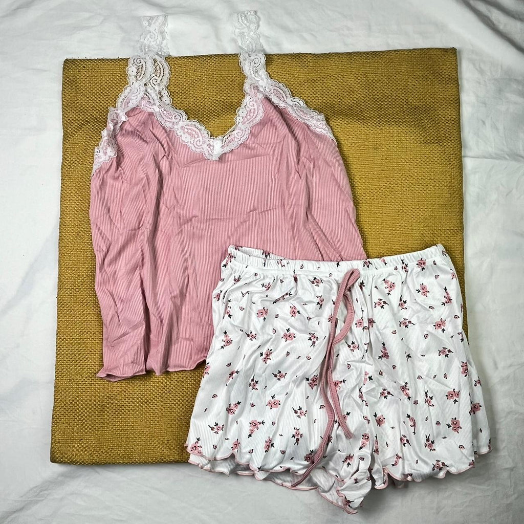 Romantic Lace Nightwear Set – Soft Ribbed Camisole & Floral Shorts for Women