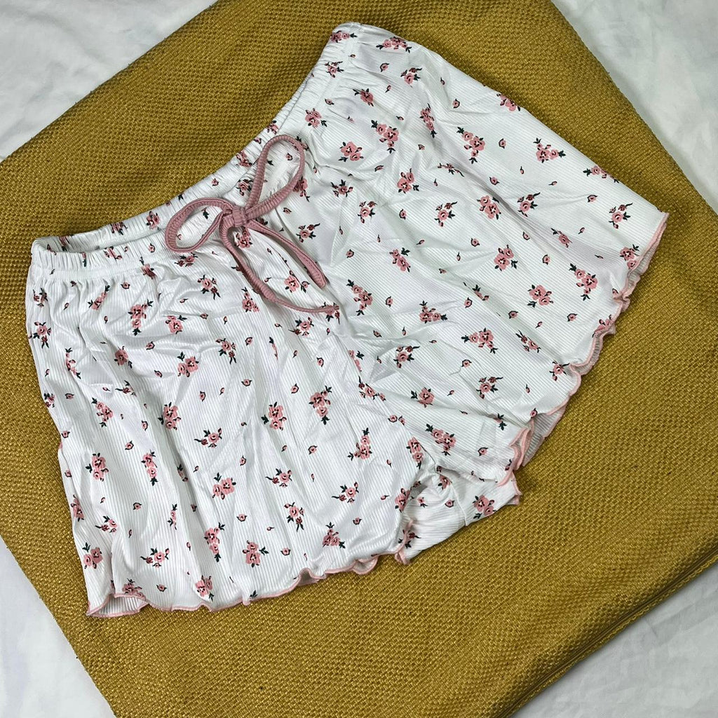 Romantic Lace Nightwear Set – Soft Ribbed Camisole & Floral Shorts for Women