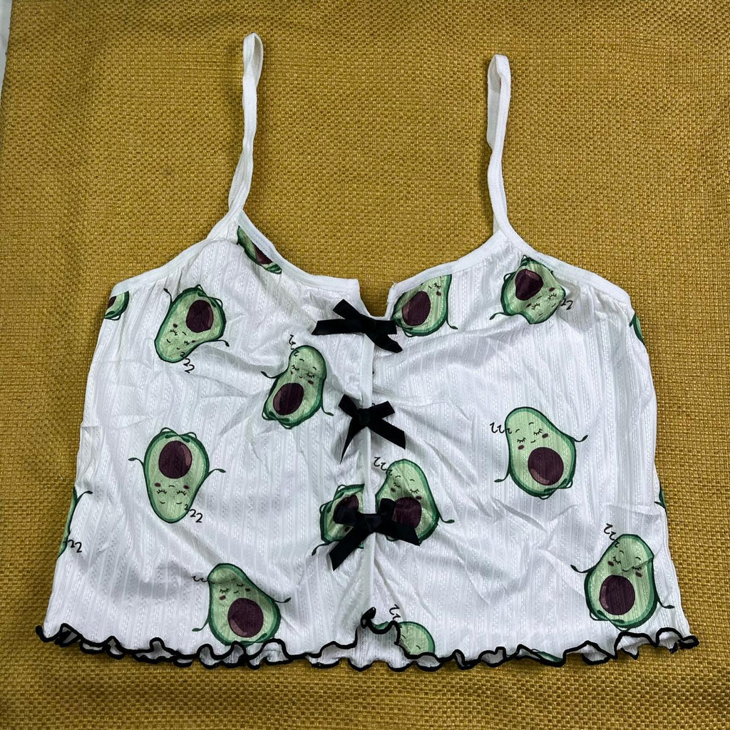 Avocado Print Nightwear Set – Soft Cami &amp; Shorts, Bow Detail, Cute 2-Piece Sleepwear