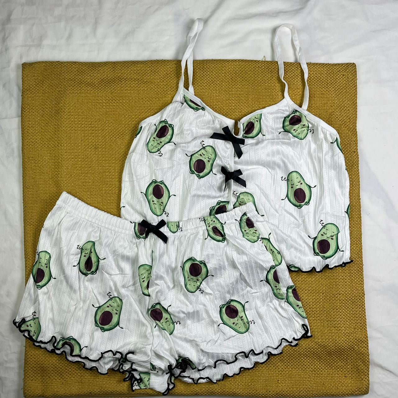 Avocado Print Nightwear Set – Soft Cami &amp; Shorts, Bow Detail, Cute 2-Piece Sleepwear