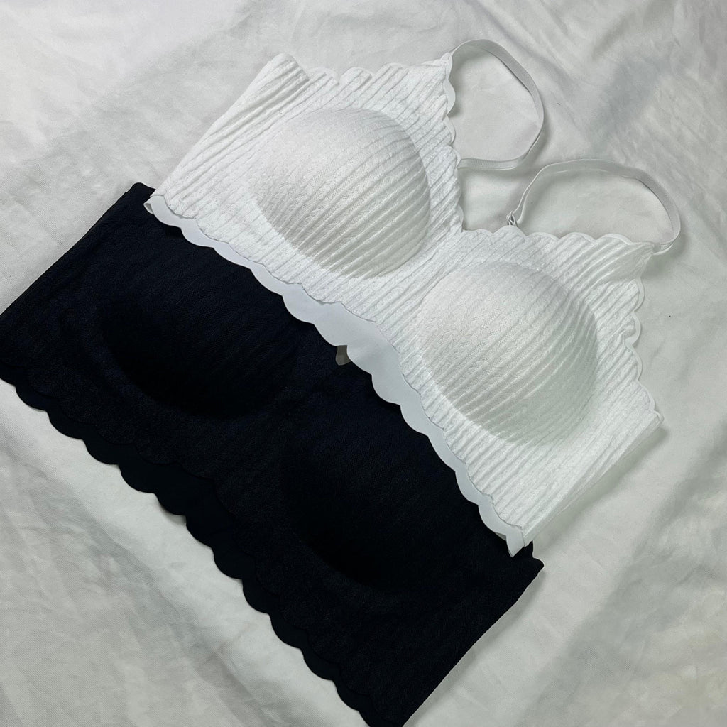 Women's Seamless Scalloped Ribbed Bralette – Wireless Comfort Bra with Removable Cups