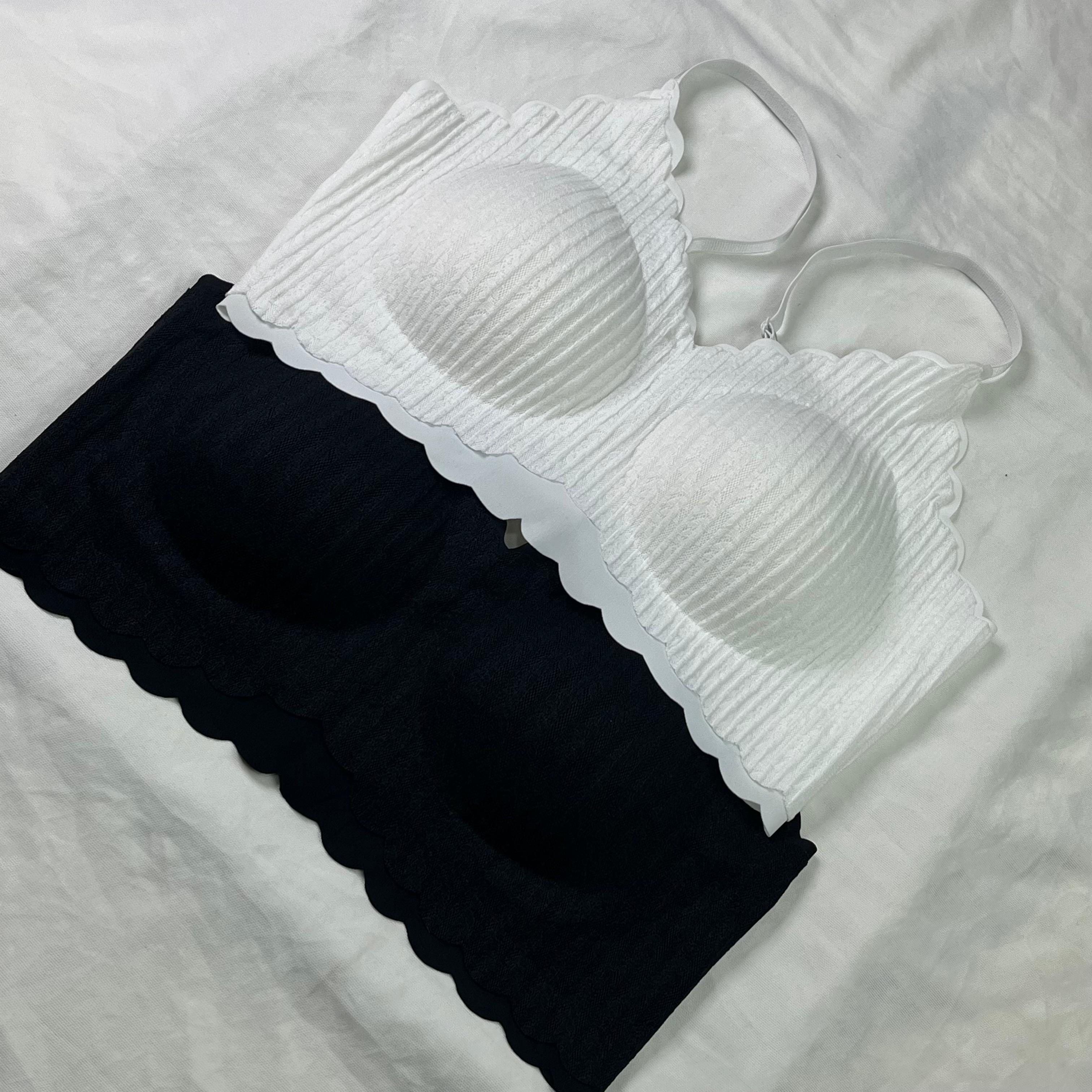 Women's Seamless Scalloped Ribbed Bralette – Wireless Comfort Bra with Removable Cups